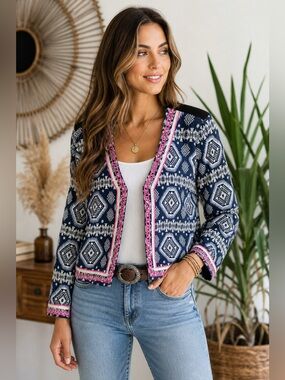 Boho Aztec Print Cropped Blazer Jacket Navy Pink Embroidered Trim XL Oober Swank